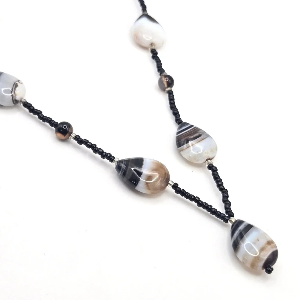Banded Agate Beaded Necklace Black‎ White Teardrop 20